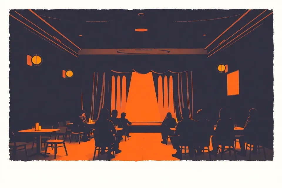 A wide shot of a dark, intimate performance venue with a small stage, scattered tables, and a few audience members silhouetted against a single spotlight.