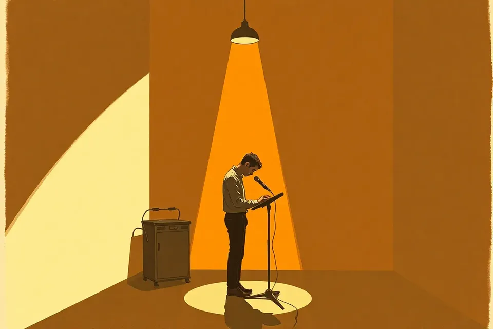A stylized illustration of a solitary figure at a microphone in a dark, intimate venue, with a single spotlight and hazy atmosphere.