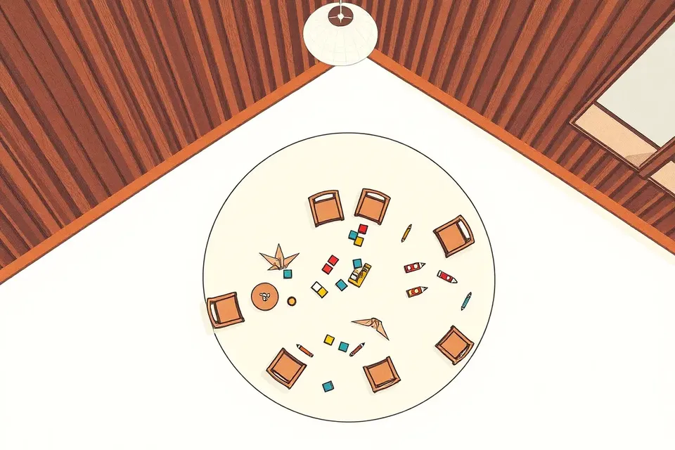 Overhead view of a colorful play mat with toys and small tables with origami cranes, set under the sloped wooden ceiling of DONKI Mall Thonglor.