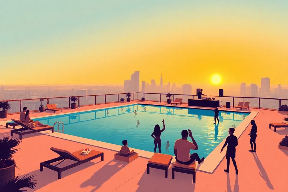 A rooftop pool party at sunset, with silhouetted guests lounging and dancing around the pool, a DJ booth glowing in the background, and the Bangkok skyline softly blurred beyond.