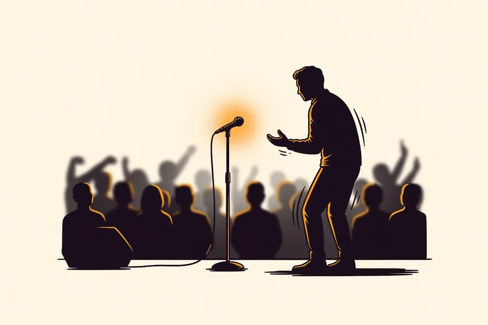 A dark stage with a single microphone stand illuminated by a spotlight, haze in the air, and a silhouetted figure with a raised hand at the edge of the stage, with a blurred crowd in the background.