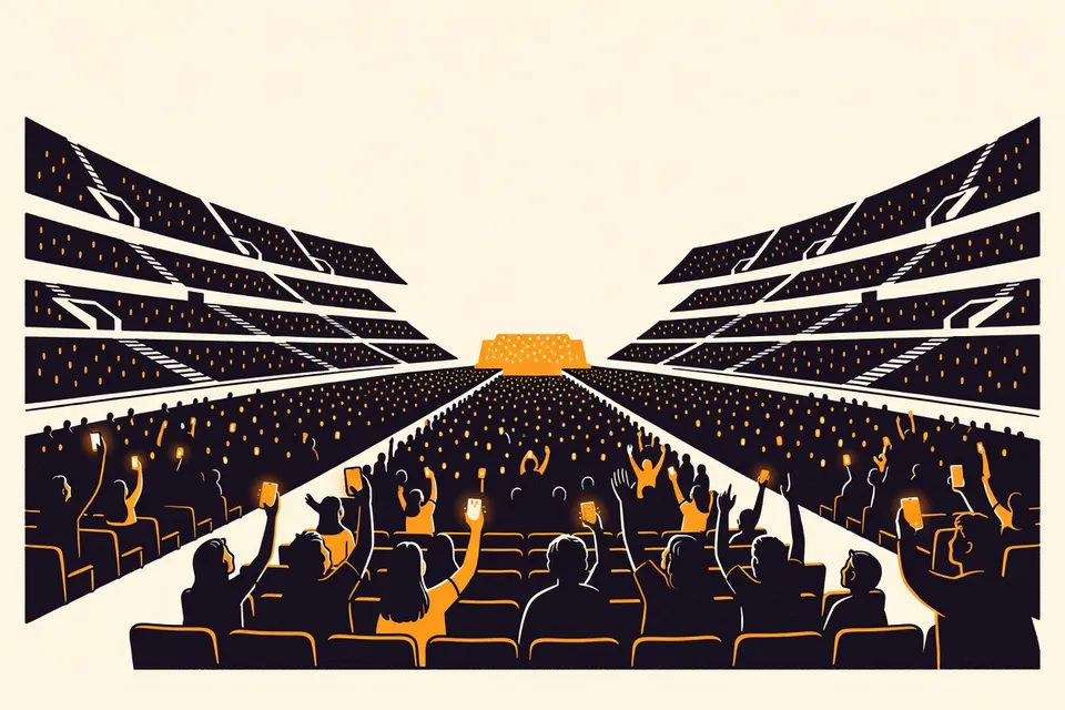 A wide view of a dark arena filled with small silhouetted figures, their raised arms and glowing phone screens like stars against the stage's warm light.