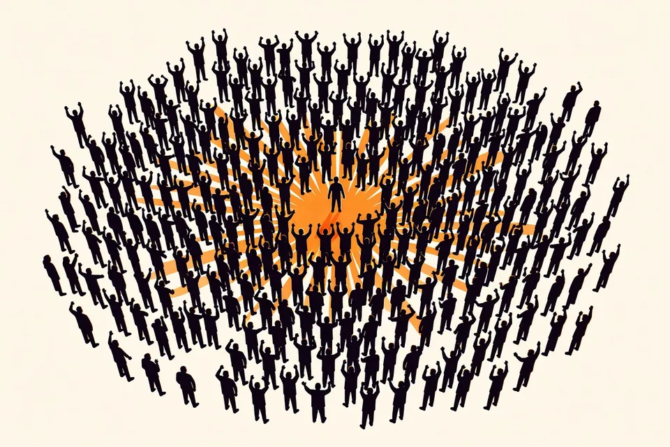 Overhead view of a concert crowd surrounding a central stage, with fans' arms raised and a performer at the center, creating a radial pattern.