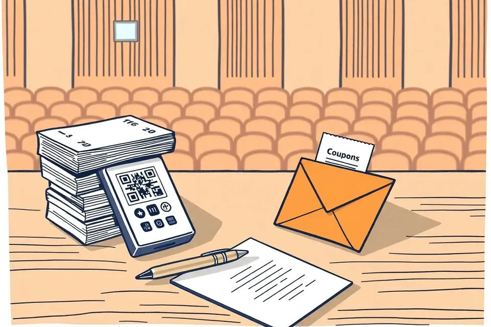 A still life illustration of event tickets, a QR code scanner, a pen, and an envelope on a wooden counter, with soft lighting suggesting a venue interior.