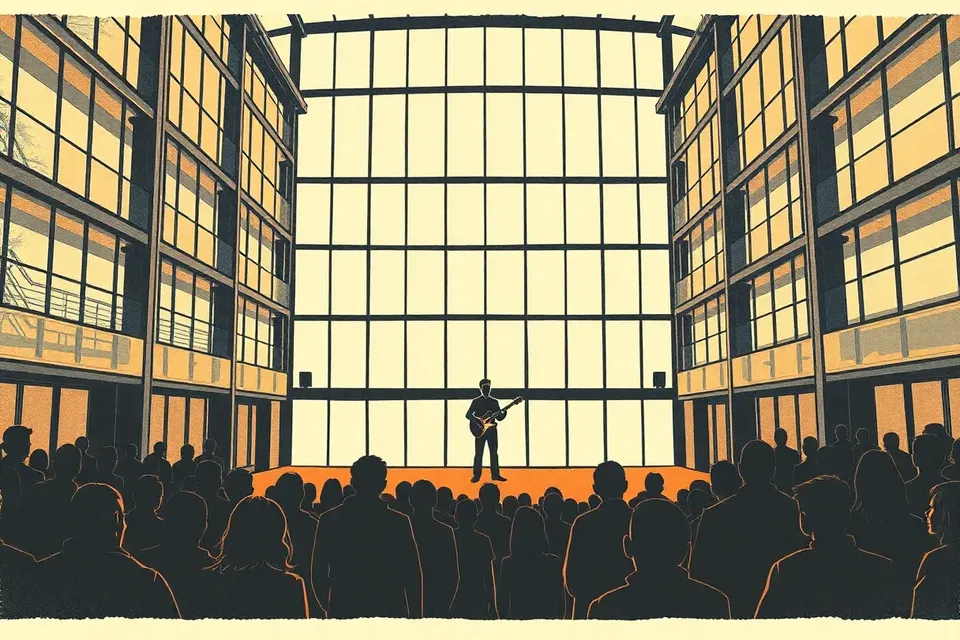 A wide shot of a modern indoor atrium with a small stage and a lone guitarist, surrounded by a few silhouetted audience members, with escalators and balconies in the background.