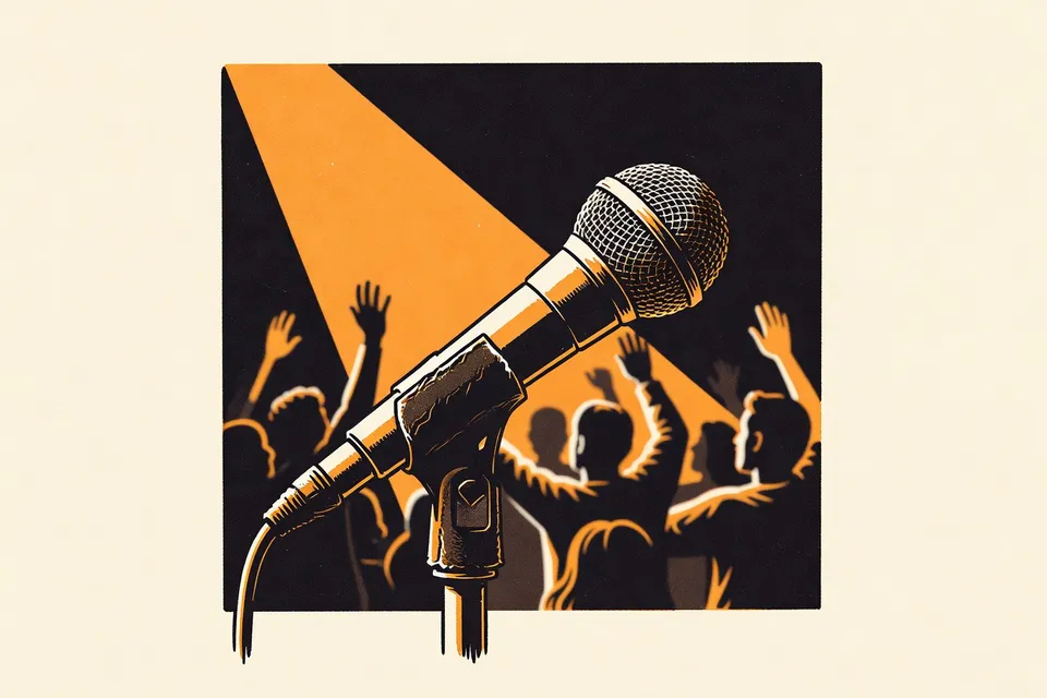 Close-up of a microphone on a stand in a spotlight, with blurred silhouettes of a small audience reaching toward it in a dark, intimate concert venue.