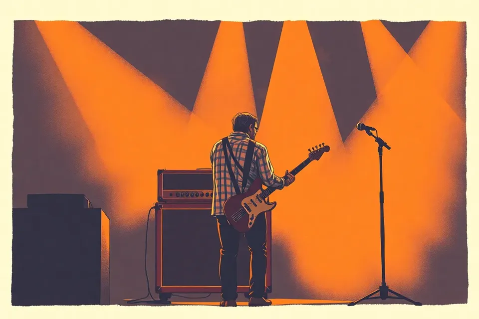 A guitarist in silhouette plays an electric guitar near a vintage amplifier, with a microphone stand nearby, in a dimly lit music venue.