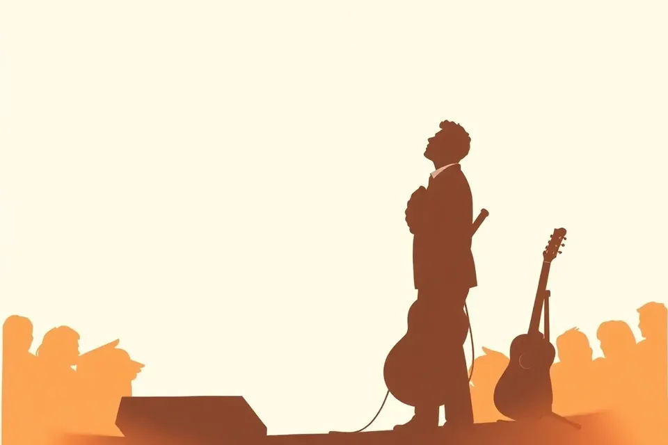 A silhouette of a singer on stage, hand on chest, face uplifted in a spotlight, with a guitar stand nearby, conveying an emotional farewell moment.