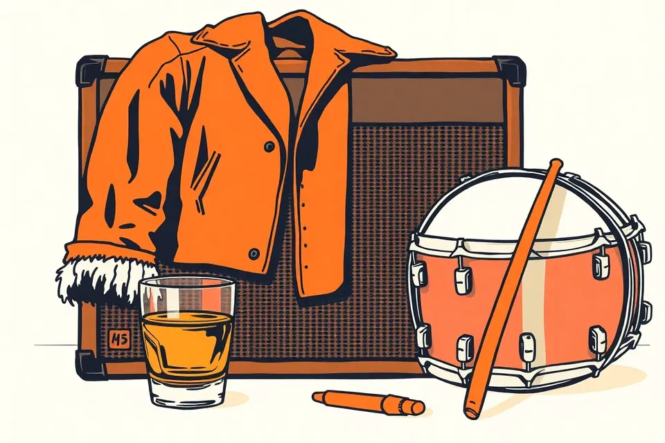 A still life arrangement of a leather jacket on an amplifier, a whiskey glass on a speaker, and a drumstick against a snare drum, evoking a late-night rock performance.