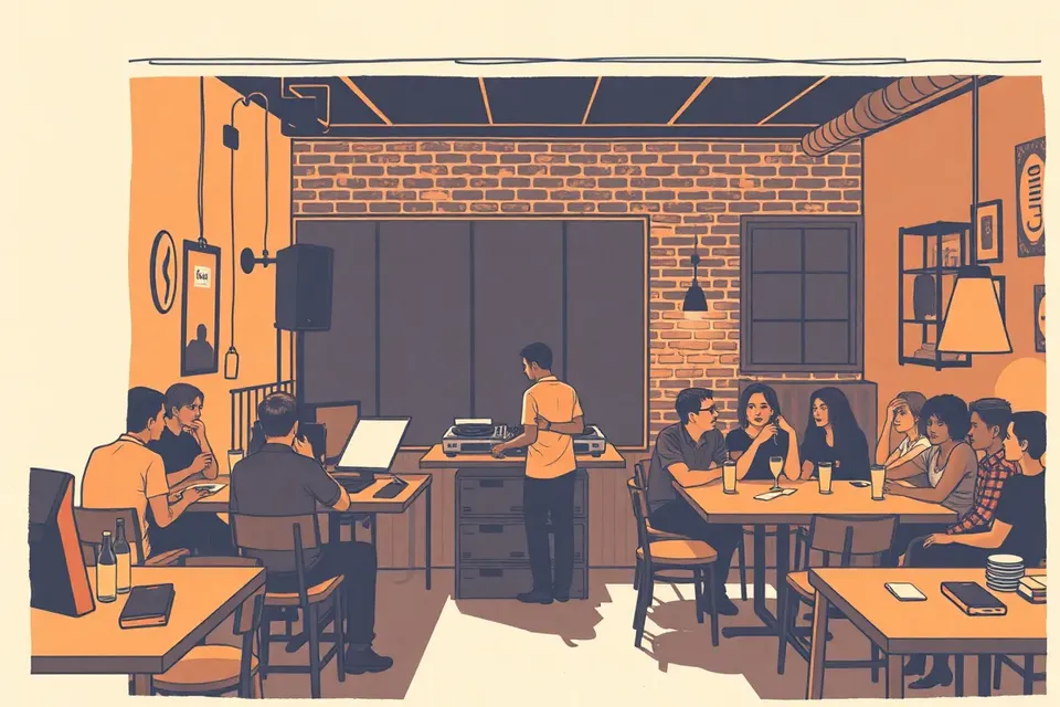 A wide shot of a dimly lit cafe with a DJ at turntables surrounded by patrons listening to records.