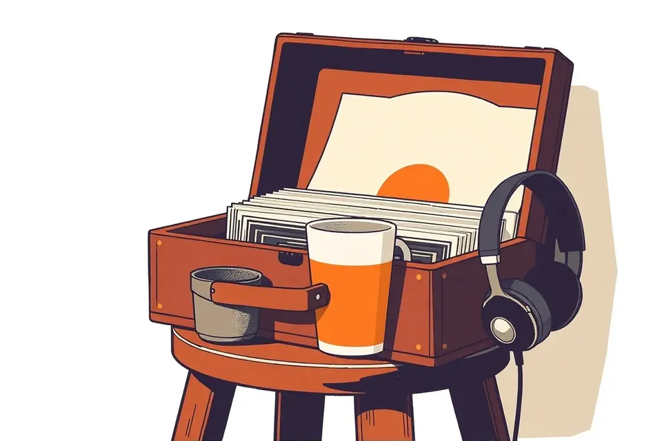 A still life of a record crate filled with vinyl records, a coffee cup, and headphones on a wooden stool in a cozy cafe setting.