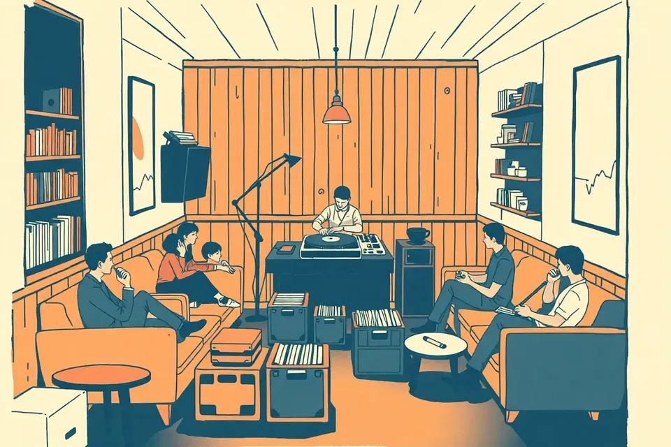A cozy, dimly lit cafe with a DJ at a turntable, surrounded by vinyl crates, and a few patrons relaxing on sofas, with bookshelves and coffee cups in the background.