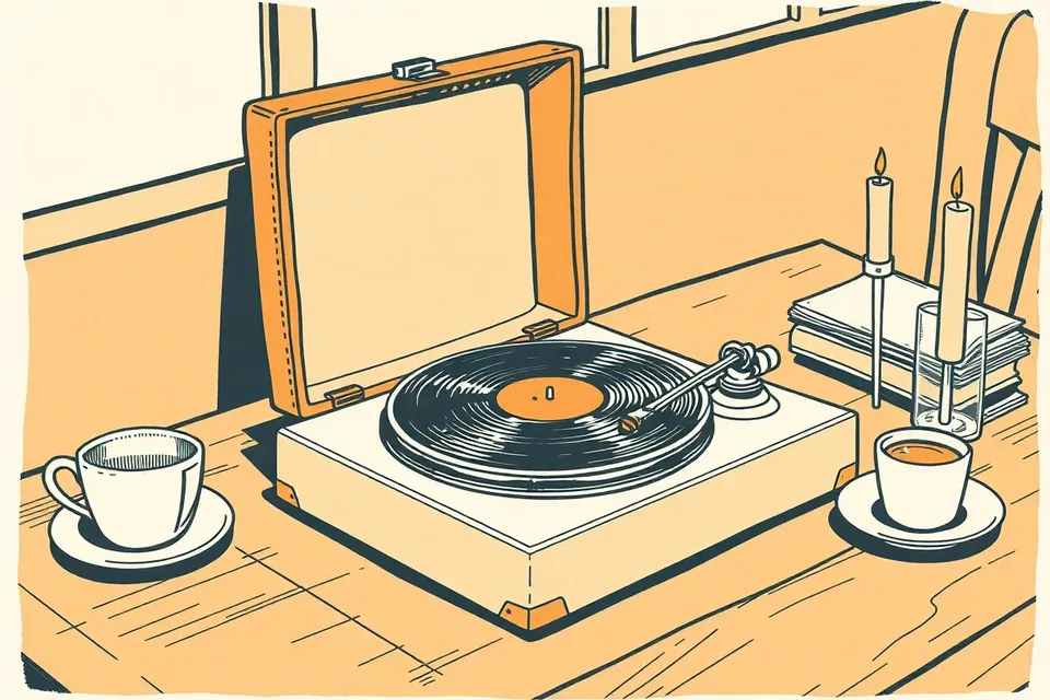 An open record case with vinyl records on a cafe table, a turntable with a tonearm over a spinning record, a coffee cup, and an unlit candle.