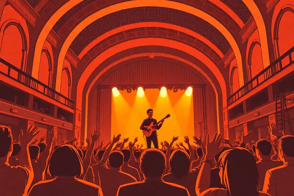 A guitarist performs on stage in a grand, arched railway station hall, with a crowd of silhouetted fans raising their hands in the warm light.
