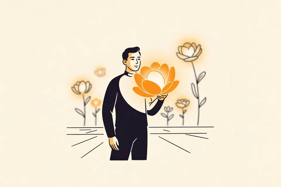 A person stands in a plaza at night, looking at a large glowing flower-shaped lantern. The lantern's light illuminates their face, and other glowing flowers are visible in the background.