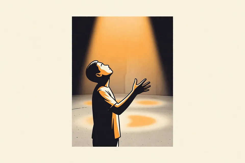 A person in a dark room reaches toward a soft blue light, their hand silhouetted against the glow. The floor reflects the light, creating a calm, intimate mood.