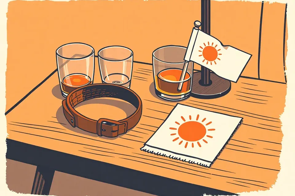 A still life of a leather wristband, a glass of amber drink, a folded festival flag, and a sun sticker on a wooden table in dim light.