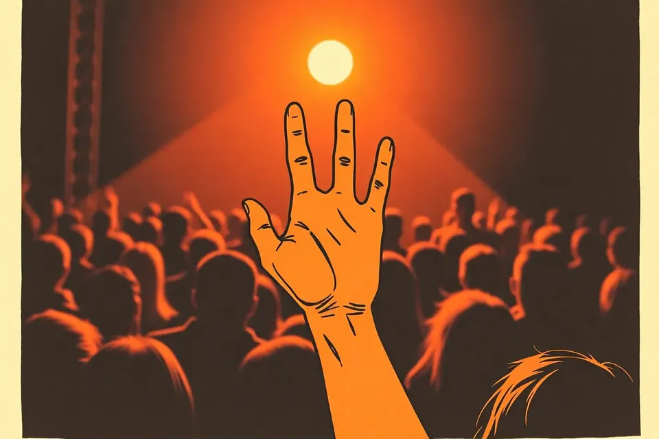 A close-up of two hands about to touch in a hi-touch gesture, with a blurred crowd and a spotlight in the background, conveying the intimate and exciting atmosphere of a mini concert.