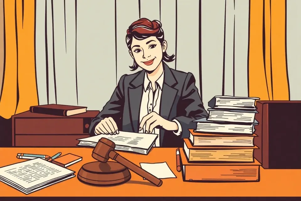 Illustration of a young woman in a pink blazer at a desk with legal papers, a gavel, and law books, with a stage curtain in the background.