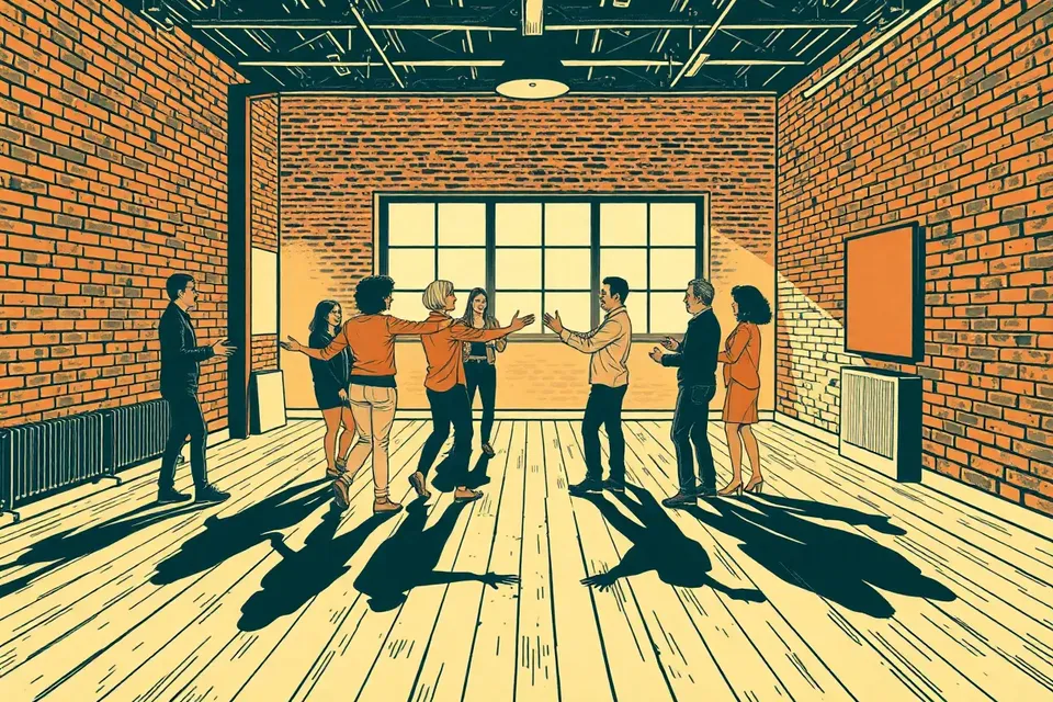 A wide shot of a studio with exposed brick walls, where a group of adults in casual clothes stand in a circle, gesturing and laughing, with one figure stepping forward and others mirroring the movement.
