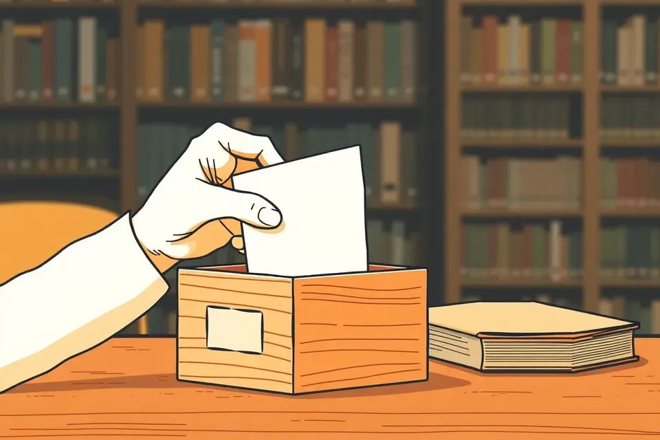 A hand placing a folded note into a wooden box labeled with a future year, with other similar boxes nearby, in a softly lit indoor setting.