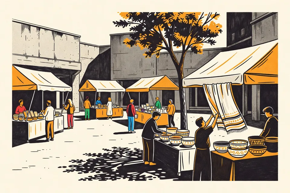A wide view of a courtyard market at Lido, with small figures at stalls under awnings, a vendor arranging ceramics, and a shopper looking at a textile, all framed by concrete walls and a tree.
