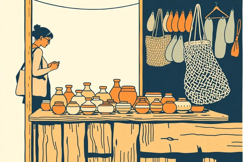 A close-up of hands placing ceramic items on a wooden table at an art market, with a blurred shopper in the background.