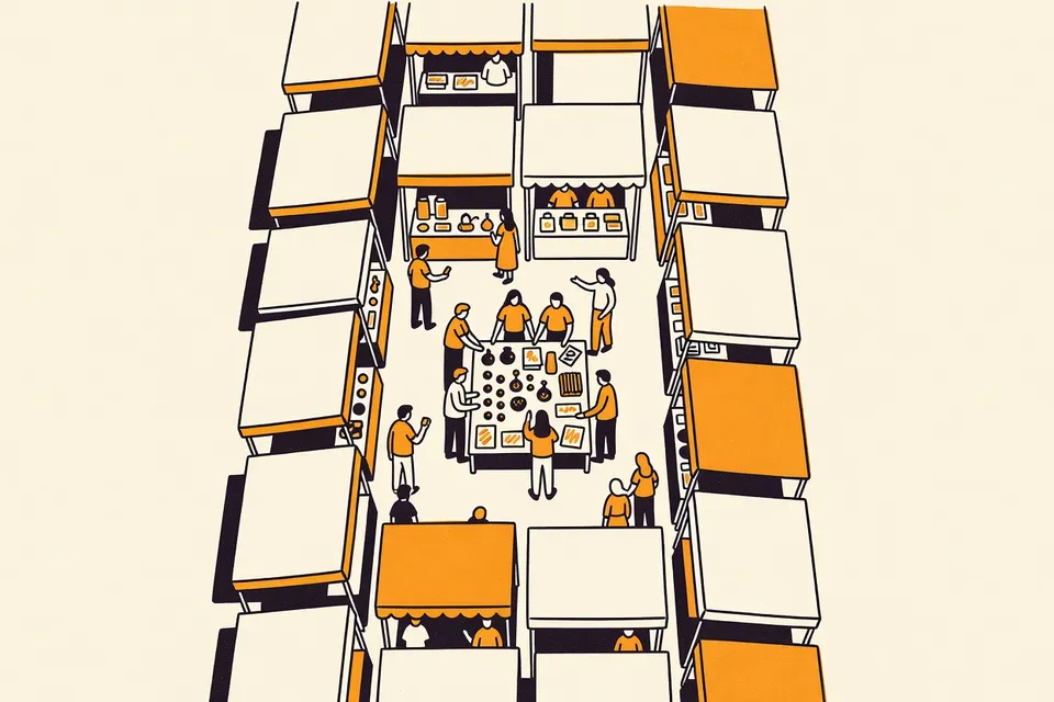 An overhead view of a bustling art market in a narrow alley, with colorful booth canopies forming a patchwork pattern and visitors gathered around a table of handmade crafts.