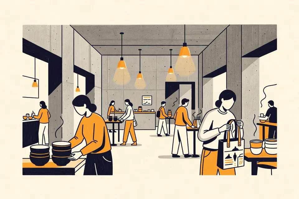 A wide view of an indoor market in a cinema lobby with concrete walls and pendant lights. Small figures browse tables with handmade crafts and art prints.
