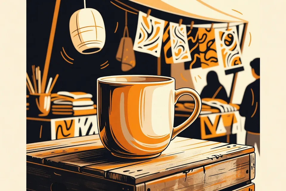 Close-up of a hand-painted ceramic mug on a wooden crate, with blurred colorful prints and a swaying paper lantern in the background.