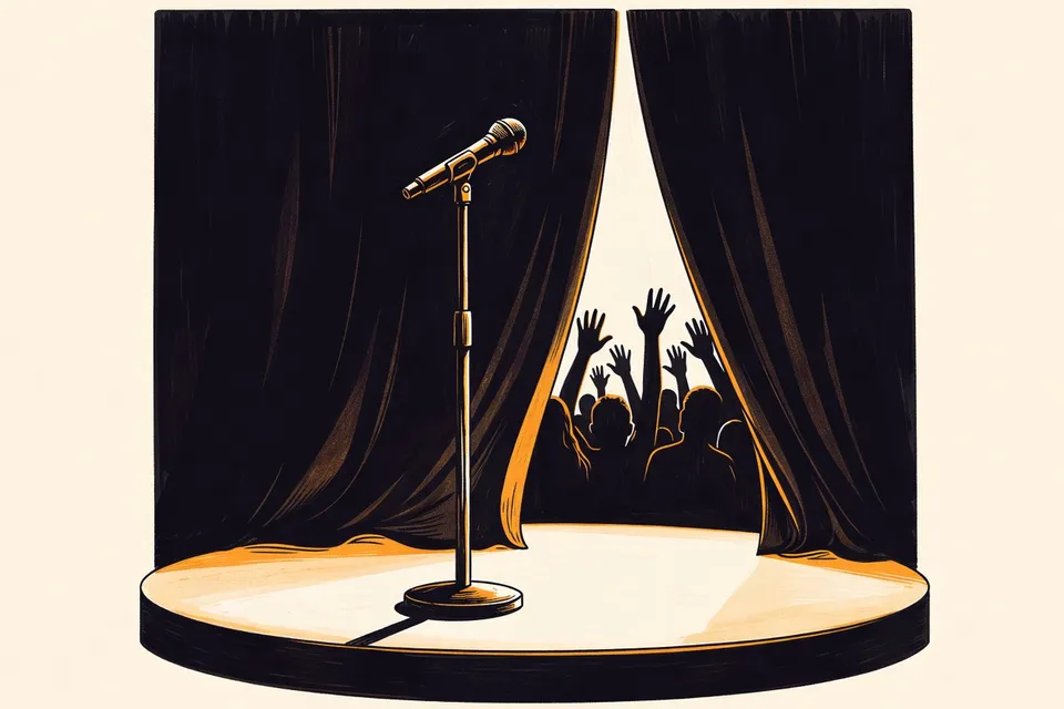 Close-up of a microphone stand on a circular stage, with a dark velvet curtain and silhouetted audience hands reaching up, evoking an intimate concert.