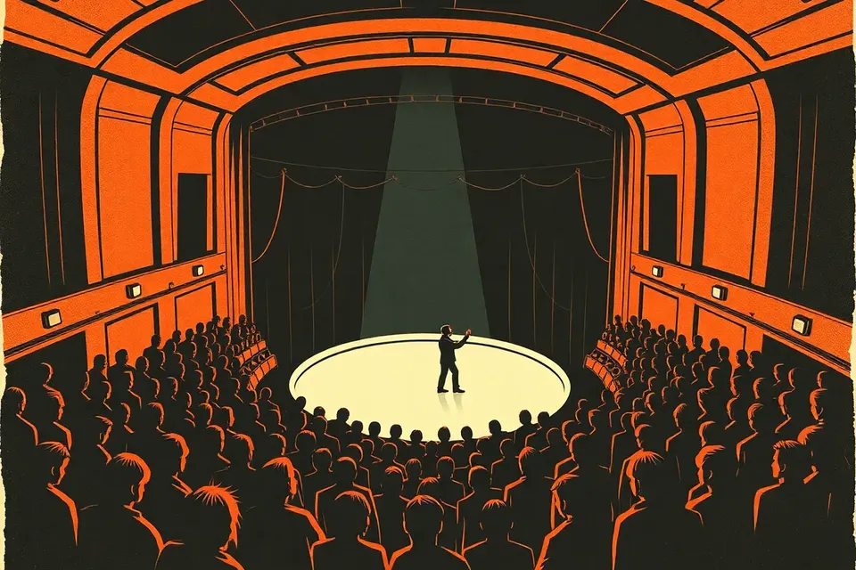 A wide view of a small concert hall with a circular stage in the center, surrounded by standing audience members. The room has vintage cinema details like old seats pushed to the edges, and warm stage lights illuminate the scene.