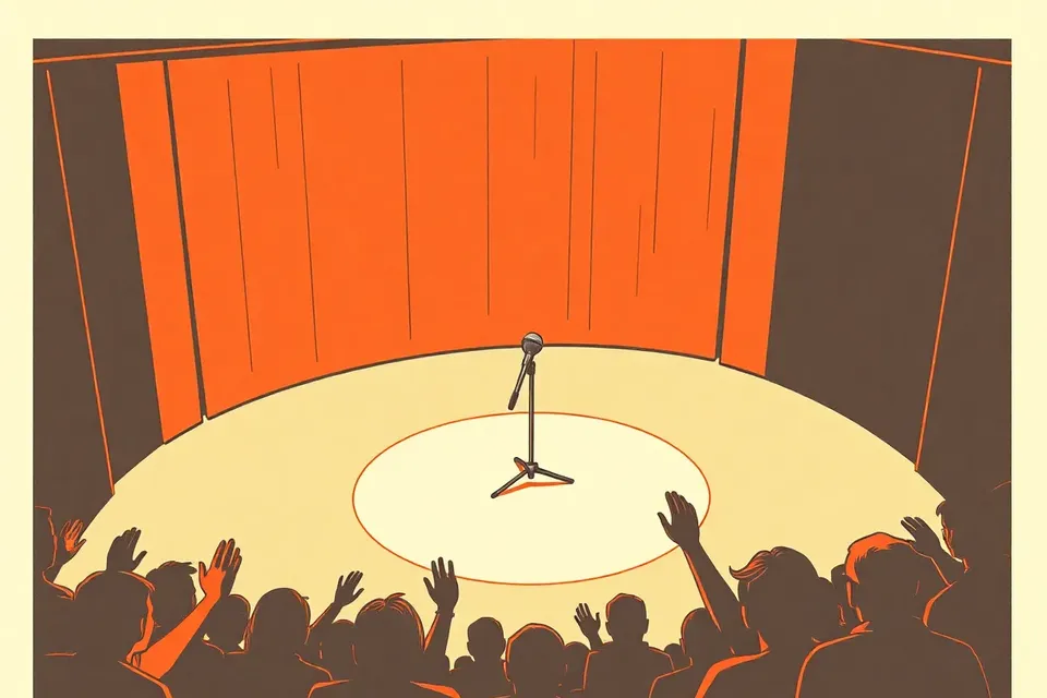 A microphone on a stand in the center of a circular lit stage, with dark walls and a few silhouetted audience members around the edge.