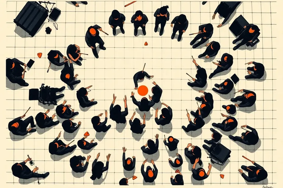 An overhead view of a lively concert crowd in a circular pit, with raised arms and heads creating a dynamic pattern on a tiled floor.