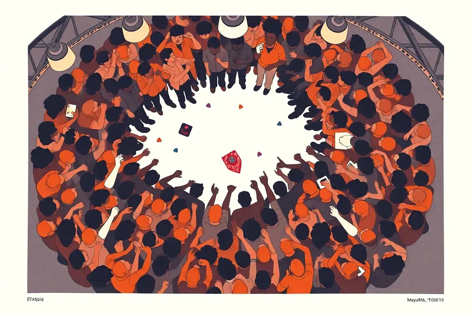 An overhead illustration of a concert crowd in a circular formation, with raised hands and a central stage, surrounded by industrial ceiling details and scattered bandanas and guitar picks.