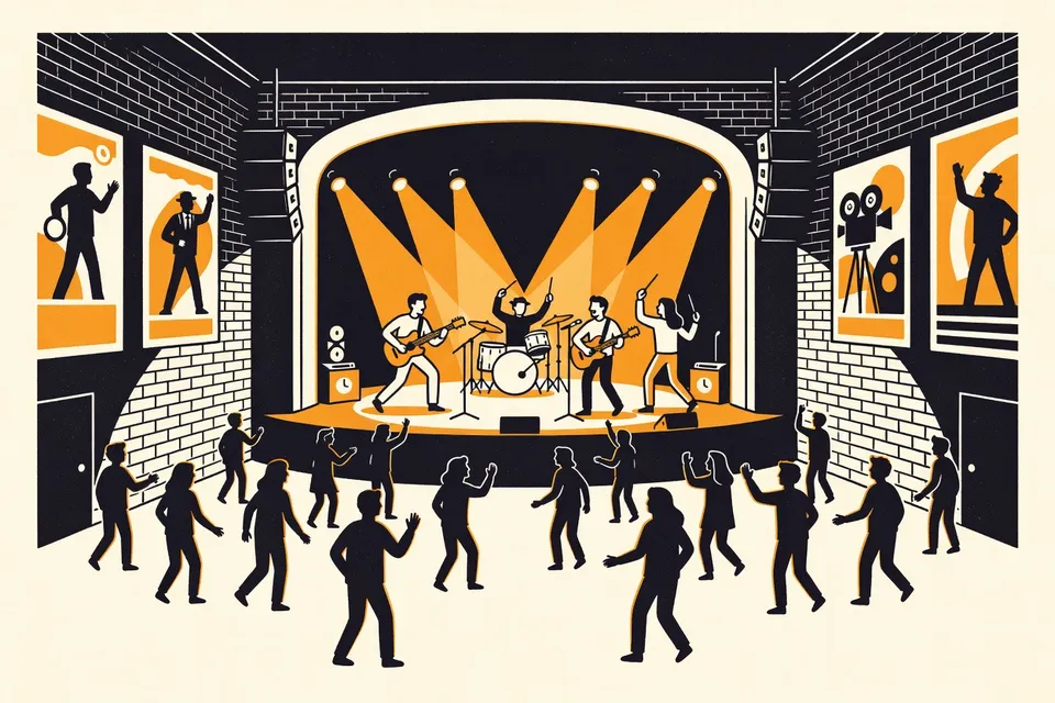 A wide shot of a livehouse concert in a vintage cinema hall, with a band on stage and audience silhouettes, retro movie posters on brick walls.