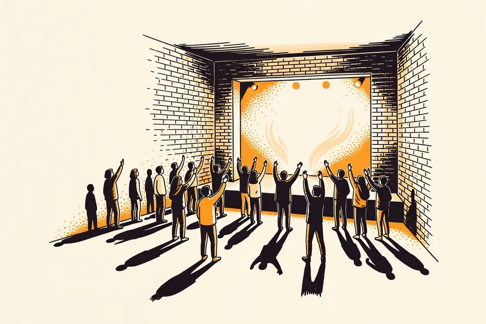 A wide shot of a livehouse concert at Lido Hall 3, with a small audience facing a stage under warm lights, exposed brick walls and a cozy atmosphere.