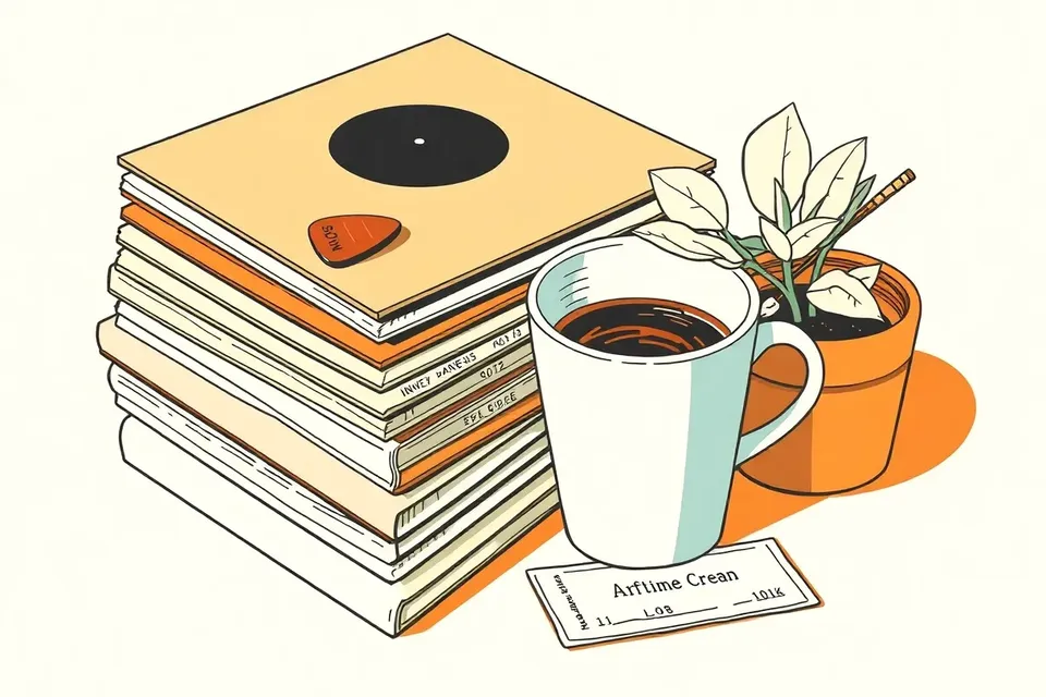 A still life arrangement with a guitar pick on vinyl records, a coffee cup, a potted plant, and a ticket stub, evoking a nostalgic indie music scene.