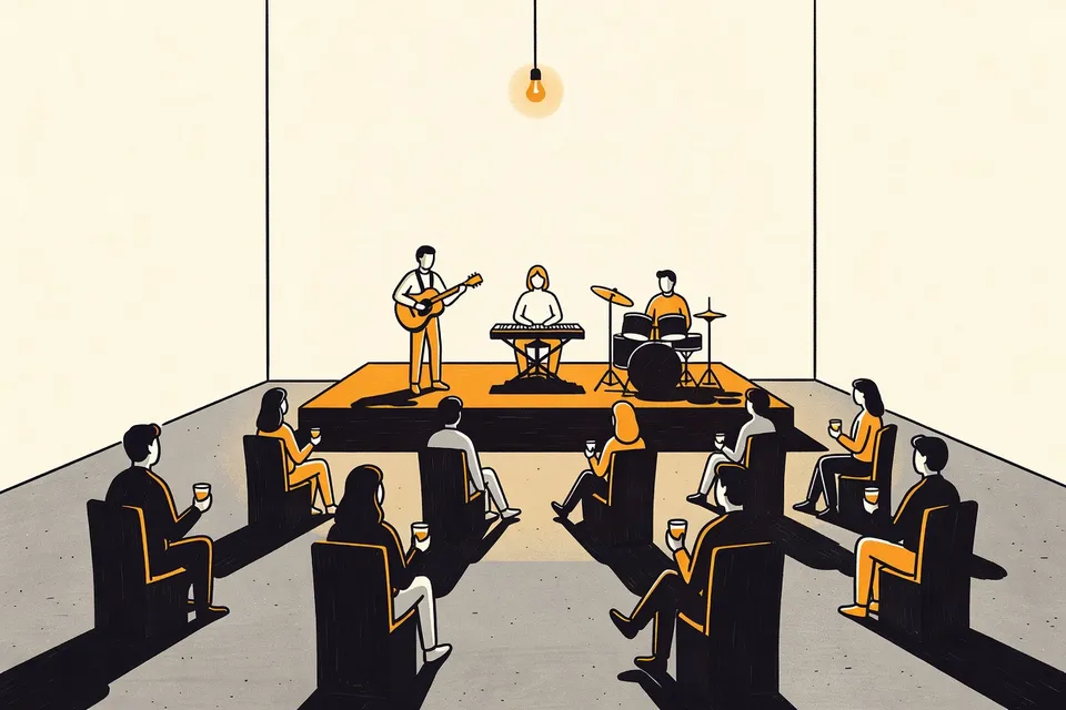 A wide shot of a small livehouse concert with three musicians on stage and a small seated audience in a dimly lit room with concrete walls and floor.