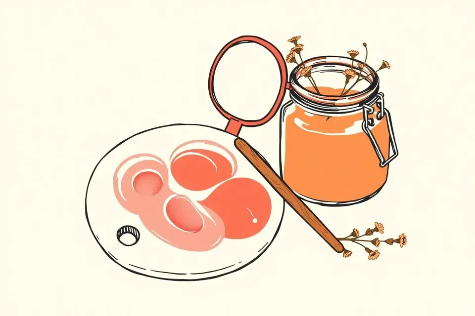 A still life arrangement of a ceramic palette with creamy blush swirls, a wooden stick, a hand mirror, a glass jar of powders, and dried flowers, evoking a hands-on beauty workshop.