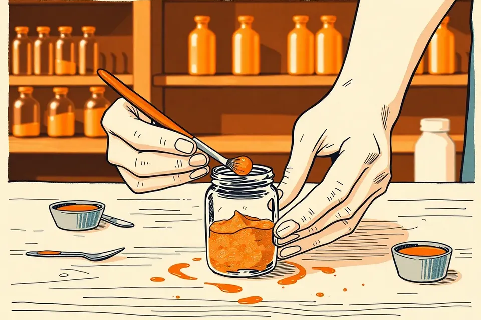 Close-up of hands mixing cream blush in a small jar on a wooden table, with amber bottles blurred in the background.