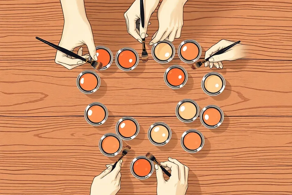 Overhead view of a cream blush workshop with jars and hands mixing colors on a wooden table.