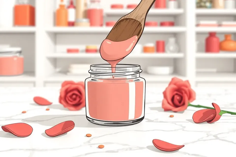 A close-up of a hand using a wooden spatula to fill a small glass jar with pink cream blush, surrounded by rose petals on a marble counter, with blurred shelves of cosmetic jars in the background.