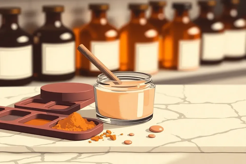 Close-up of an open cream blush pot with a mixing stick, surrounded by pigment powders and oil droplets on a marble counter, with blurred amber bottles in the background.