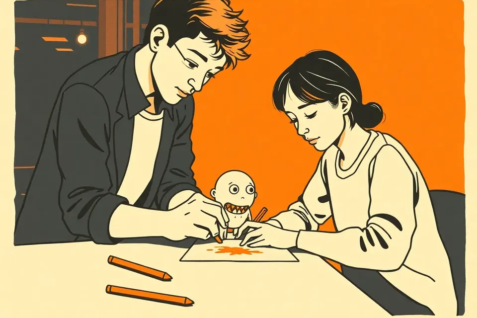 An artist and a participant at a workshop table, drawing a cute monster together in a dim, intimate venue.