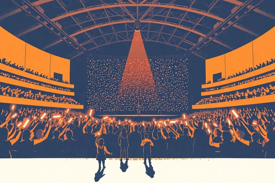 A wide shot of a large indoor arena with many small figures holding glowing light sticks, a lone performer on a distant stage under a spotlight, creating a sense of unity and anticipation.