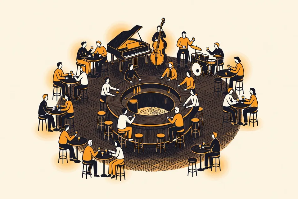 Overhead view of a jazz pub with a circular bar, musicians around a grand piano, double bass, and drums, and patrons seated at tables.