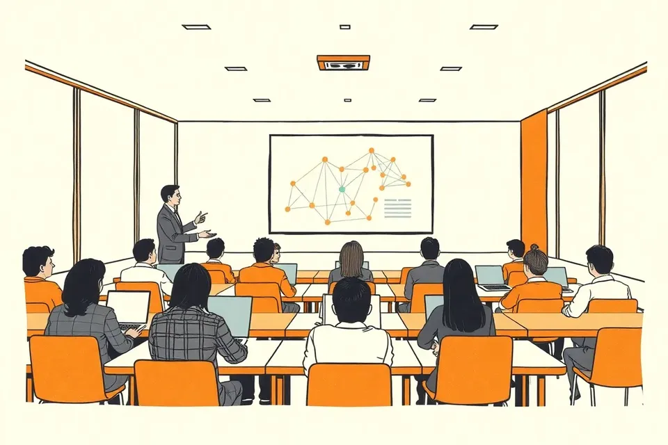 A wide view of a modern classroom in Bangkok, with a small audience of professionals at tables with laptops, a presenter at the front, and a screen with abstract diagrams.
