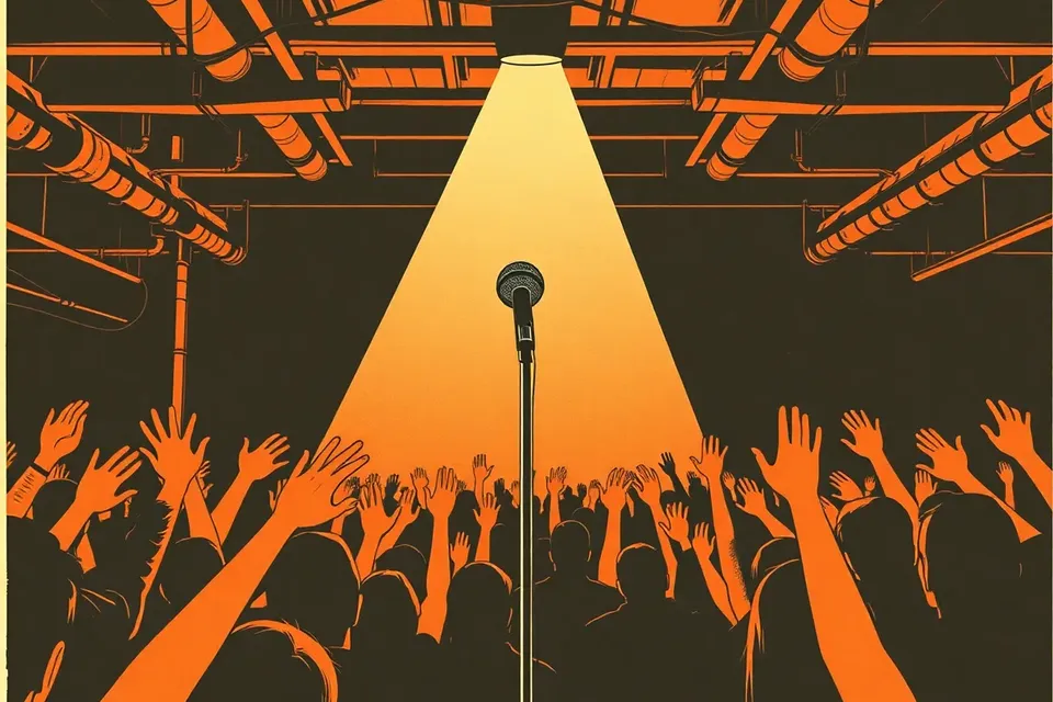 A microphone on stage with a crowd of raised hands in the dark, under a spotlight, with industrial ceiling details.