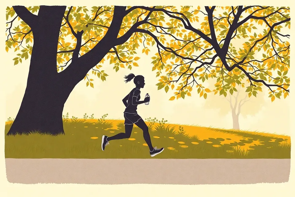 A stylized illustration of a runner's legs and torso in motion, holding a water bottle, with a tree and dappled light in the background, evoking a peaceful morning run in a park.